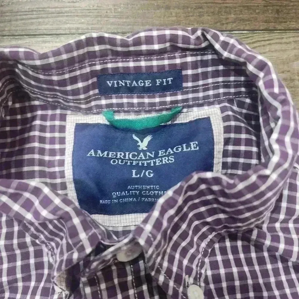 American Eagle Plaid Button Down- Large Vintage Fit Purple & White PLUM RED Y2K - Picture 4 of 6